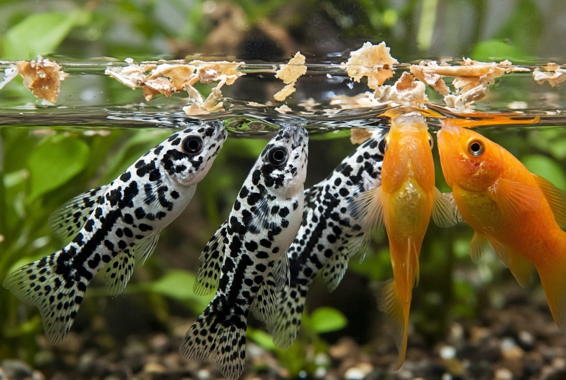 A molly grazing on a blanched piece of vegetable resting on the substrate