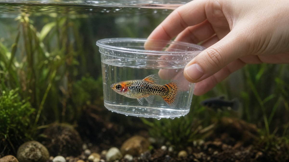 A net gently guiding a molly during a tank transfer instead of using bare hands
