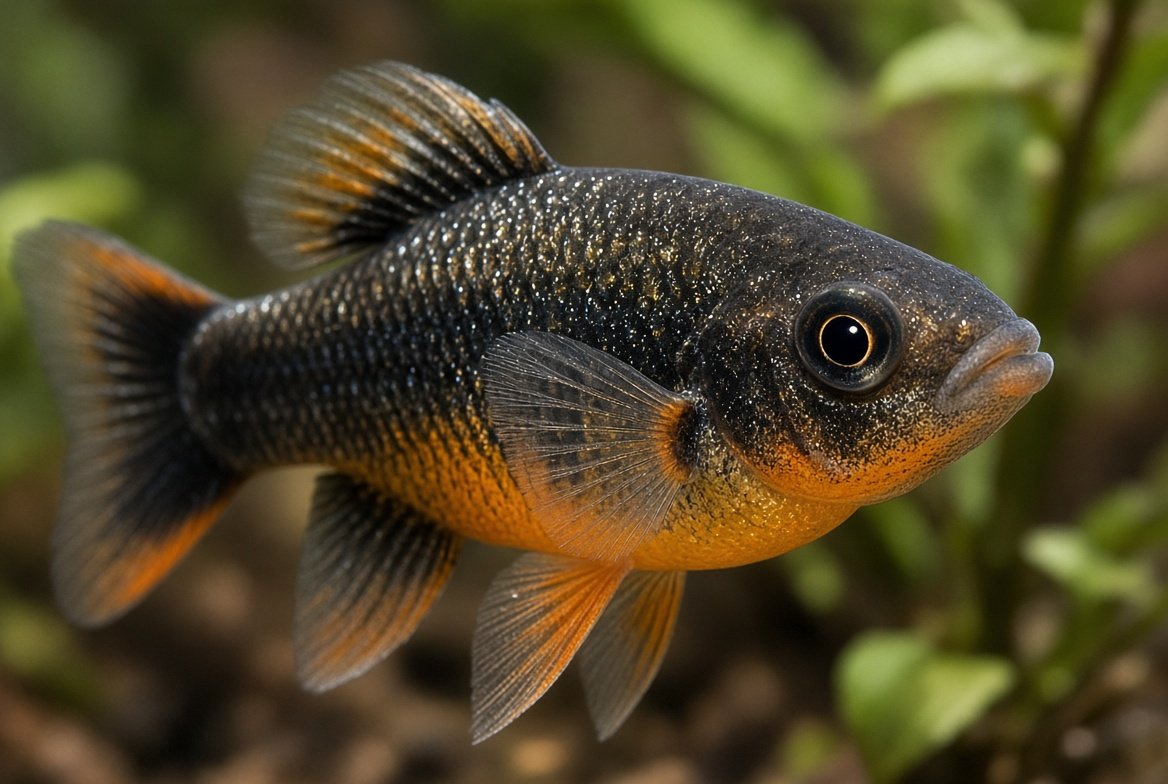 Close-up of a healthy molly in a well-maintained aquarium showing steady coloring and undamaged fins