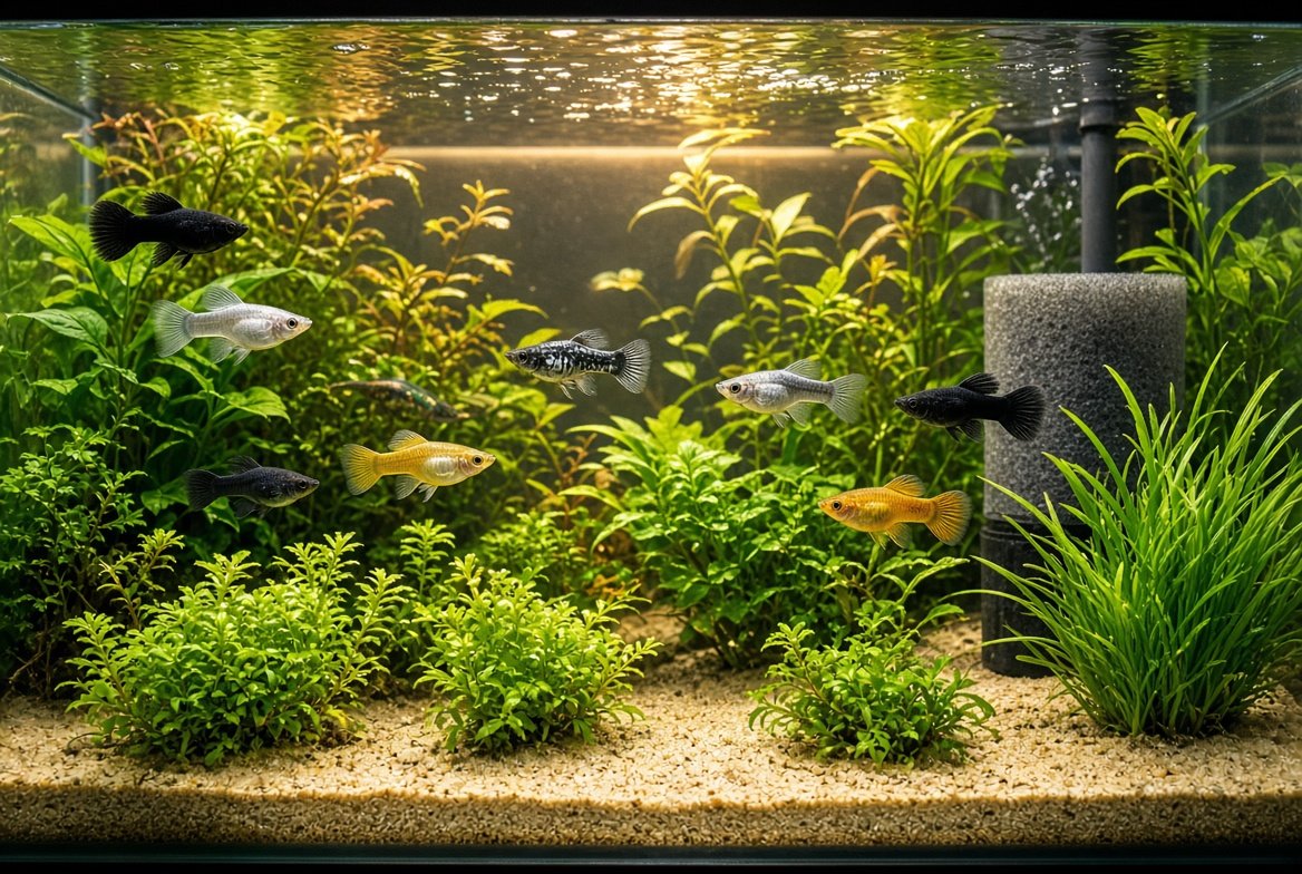 A planted 20-gallon molly tank with sturdy filtration and warm lighting