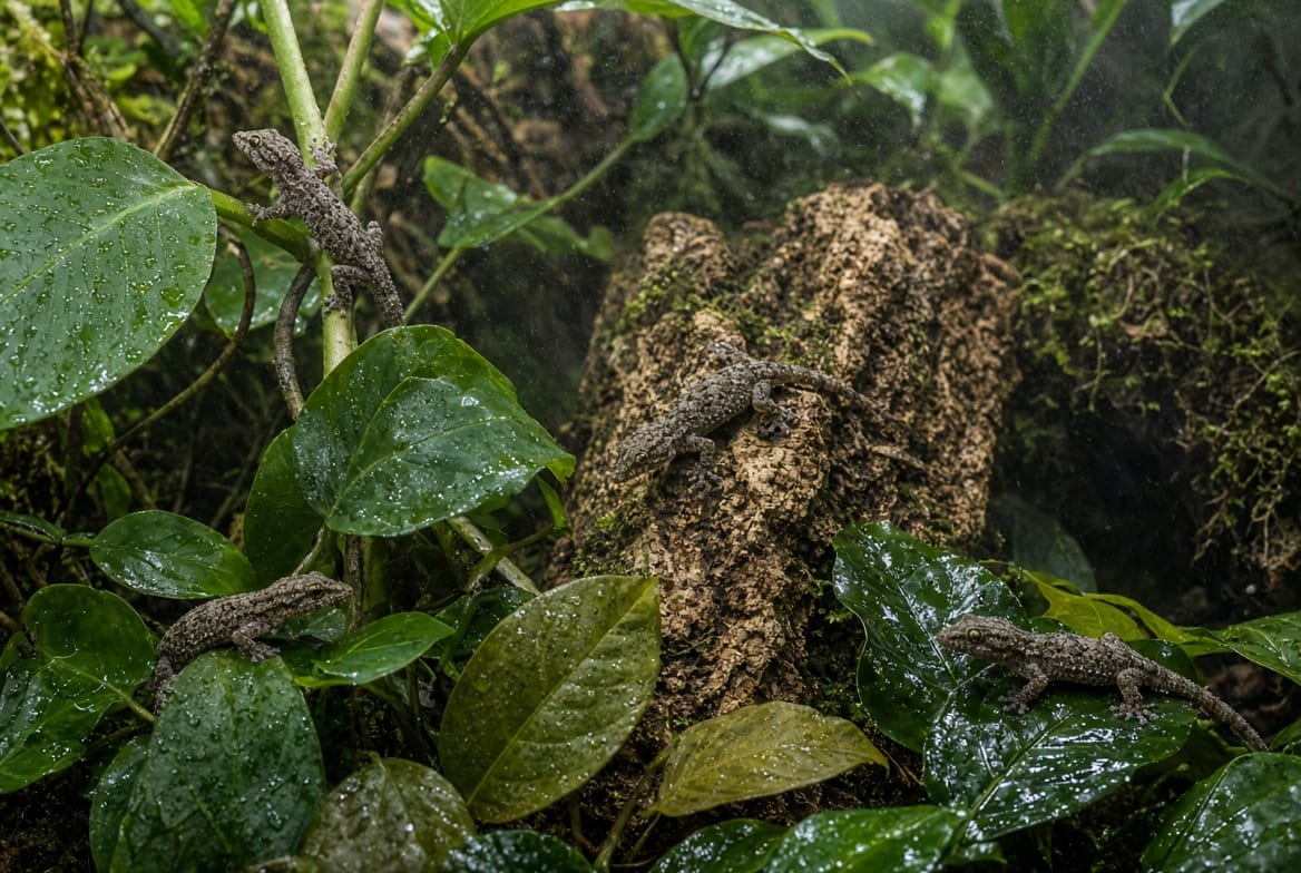 Several mourning geckos on the leaves of a densely planted bioactive vivarium