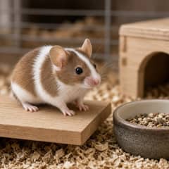 Fancy mouse sitting beside its cage next to a small stack of coins