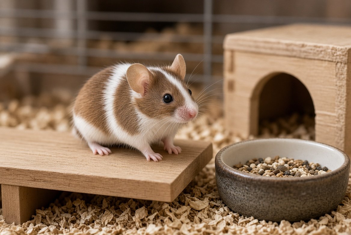 Fancy mouse sitting beside its cage next to a small stack of coins