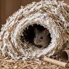 A mouse inside a large domed nest of shredded paper, only its head visible at the entrance