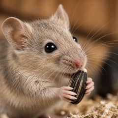 Fancy mouse eating a small piece of vegetable while holding it in its front paws