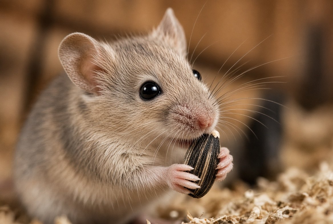 Fancy mouse eating a small piece of vegetable while holding it in its front paws