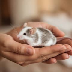 Person letting a fancy mouse climb onto their open cupped hands