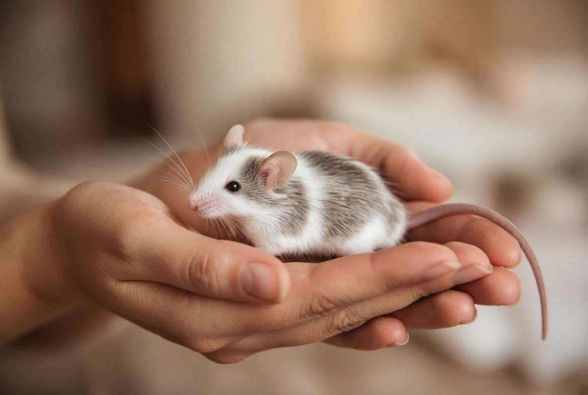 Person letting a fancy mouse climb onto their open cupped hands