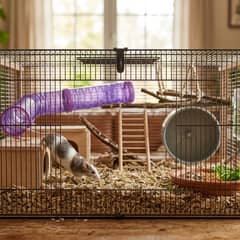 Mouse enclosure with a well-ventilated wire cage, tight bar spacing, paper bedding, and a smooth wheel