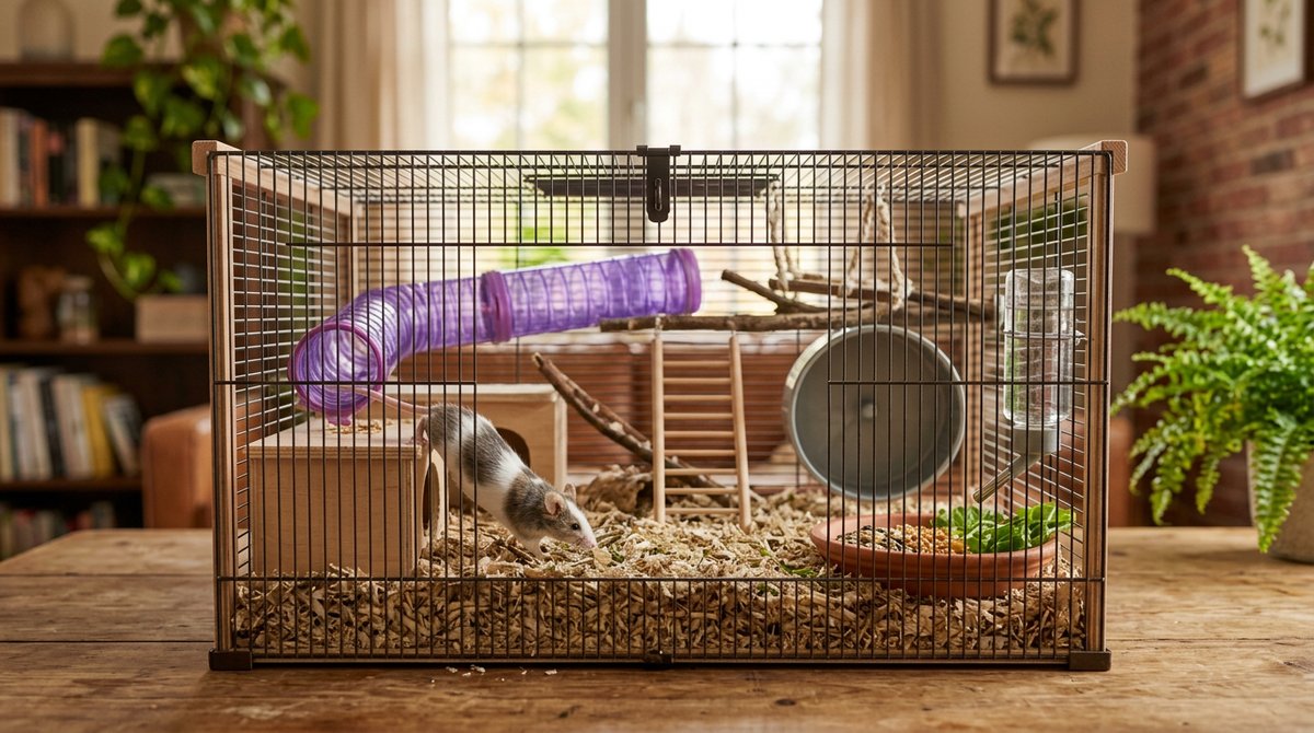 Mouse enclosure with a well-ventilated wire cage, tight bar spacing, paper bedding, and a smooth wheel