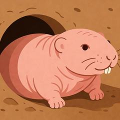 Illustration of a naked mole rat emerging from a tunnel in warm brown earth, showing its hairless pink body, tiny eyes and prominent front incisors