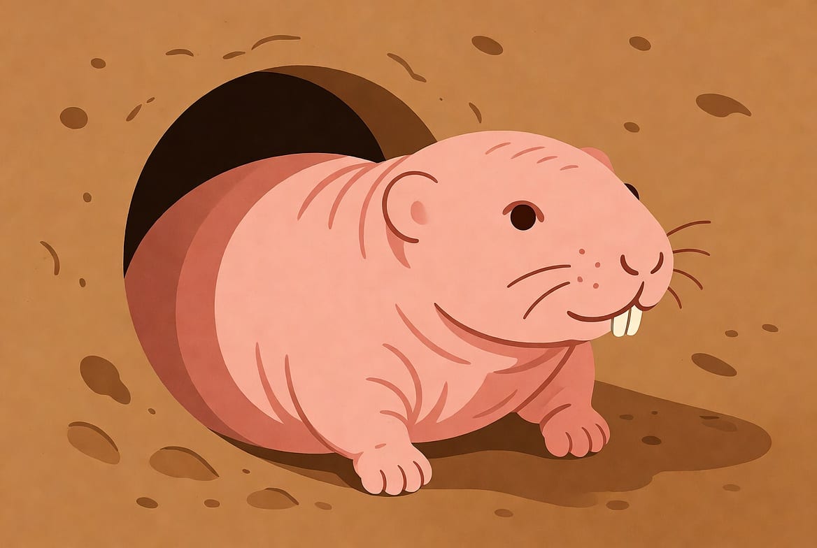 Illustration of a naked mole rat emerging from a tunnel in warm brown earth, showing its hairless pink body, tiny eyes and prominent front incisors