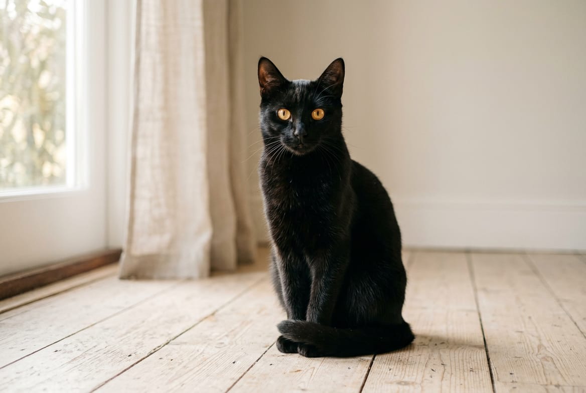 A short-haired black cat sitting upright on a pale wooden floor in soft window light, amber eyes turned toward the camera