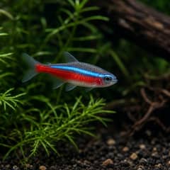 A tight shoal of neon tetras moving together through a densely planted aquarium