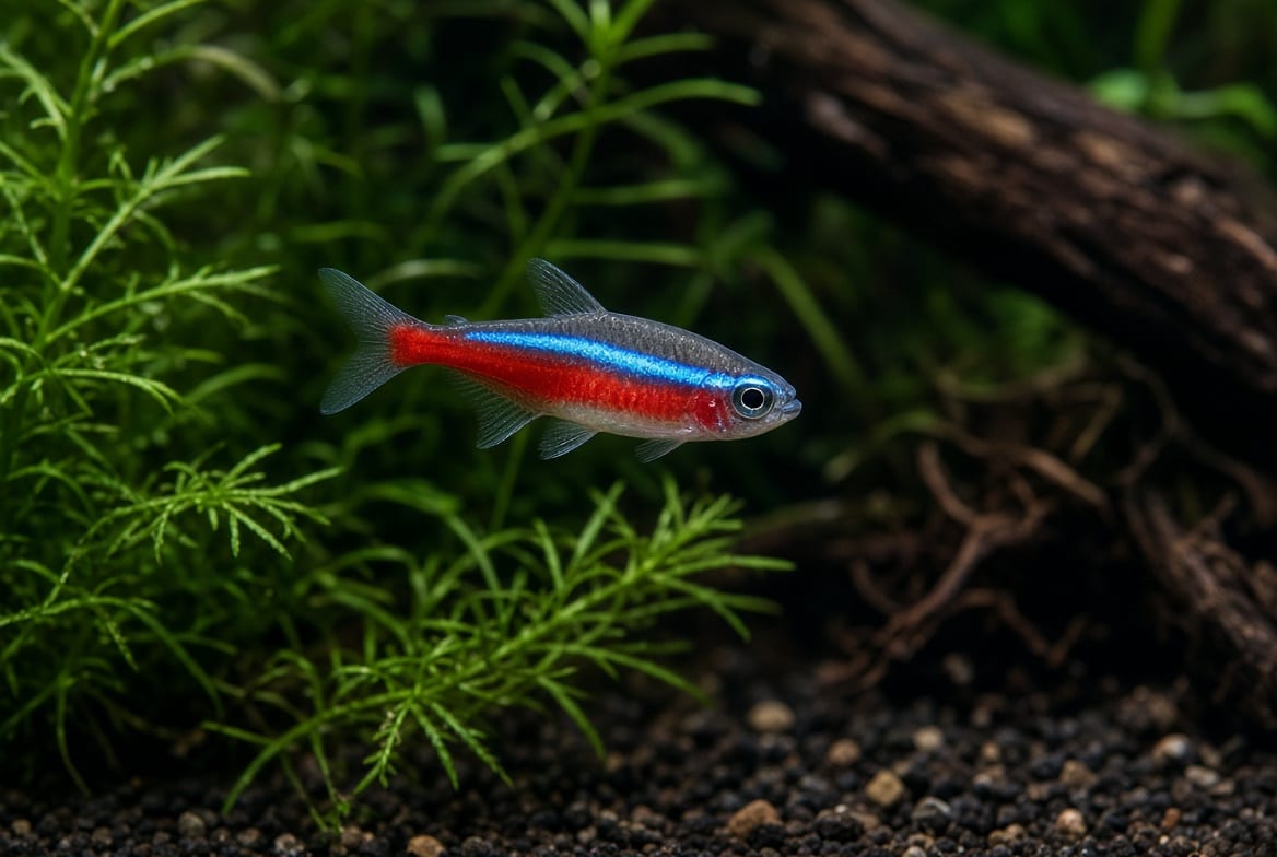 A tight shoal of neon tetras moving together through a densely planted aquarium