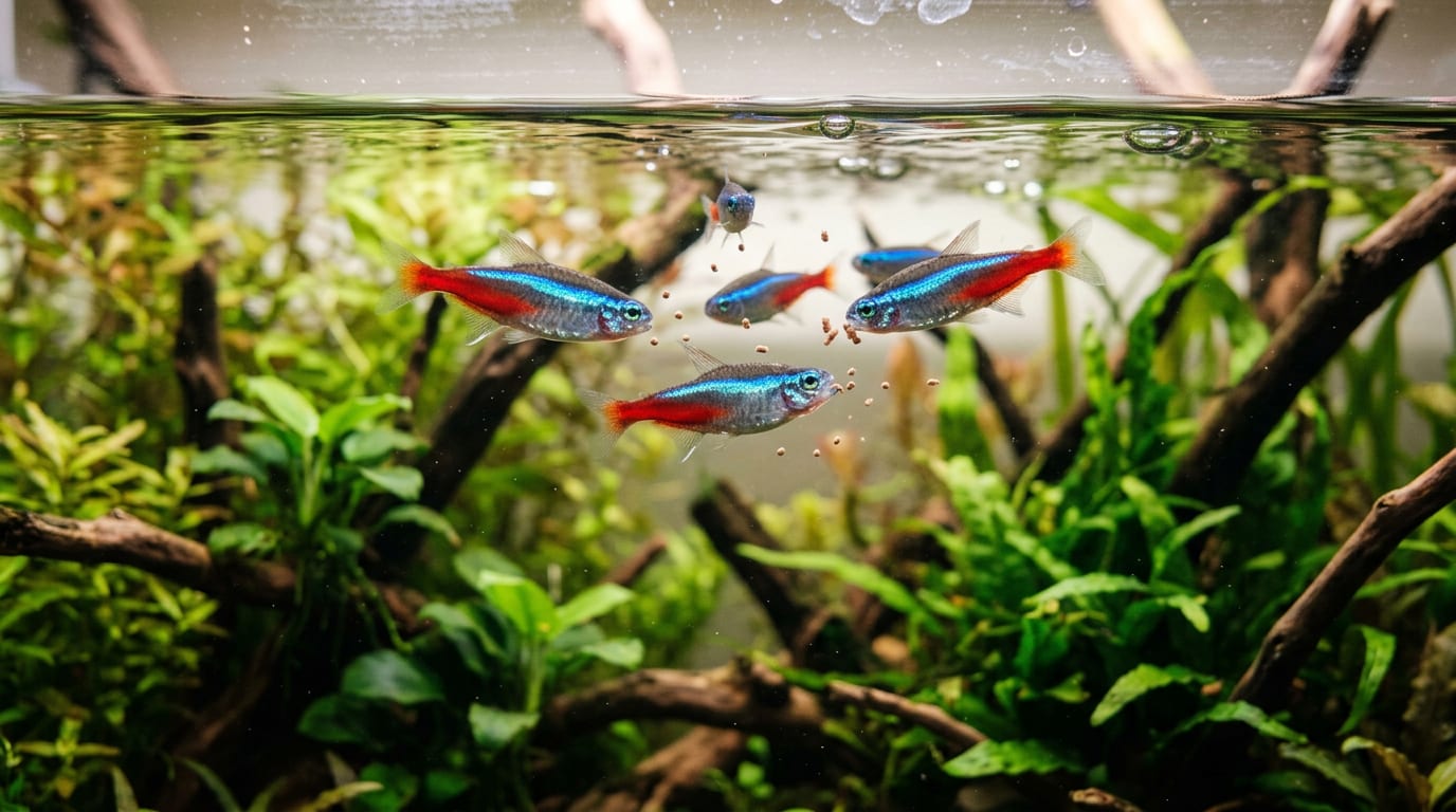 A school of neon tetras feeding on micro pellets near the surface of a planted aquarium