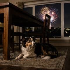A border collie lying under a dining table at night with its ears back and eyes wide, a window behind it showing fireworks bursting over rooftops