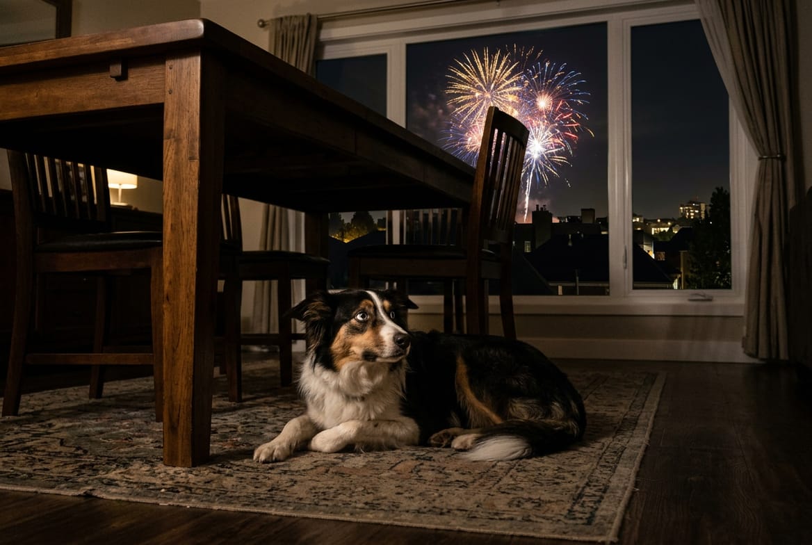 A border collie lying under a dining table at night with its ears back and eyes wide, a window behind it showing fireworks bursting over rooftops