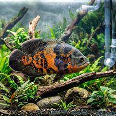 Tiger oscar fish swimming in a heavily filtered aquarium