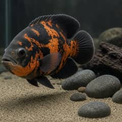 A large oscar pushing substrate around a piece of driftwood in a big aquarium