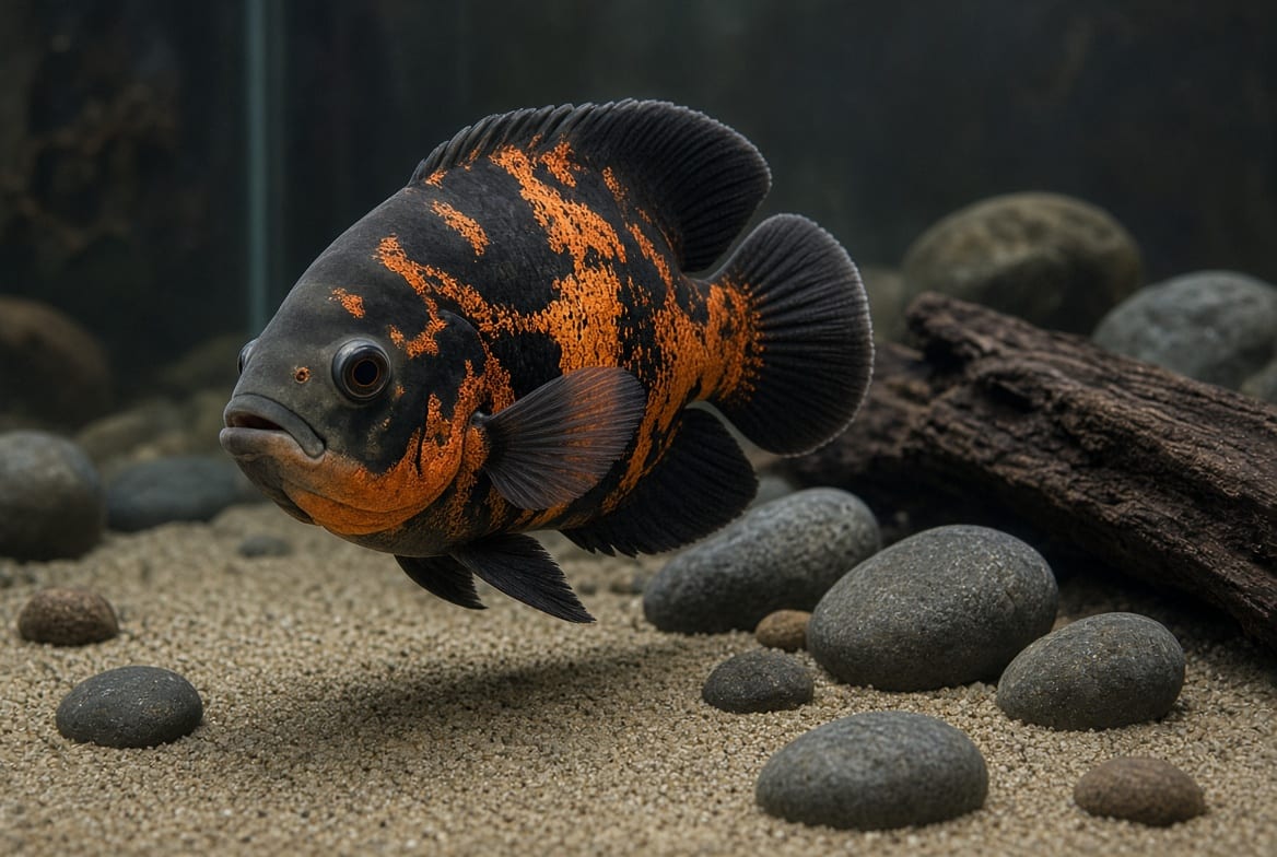 A large oscar pushing substrate around a piece of driftwood in a big aquarium