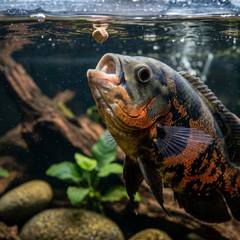An oscar fish eating a floating cichlid pellet at the surface of its aquarium