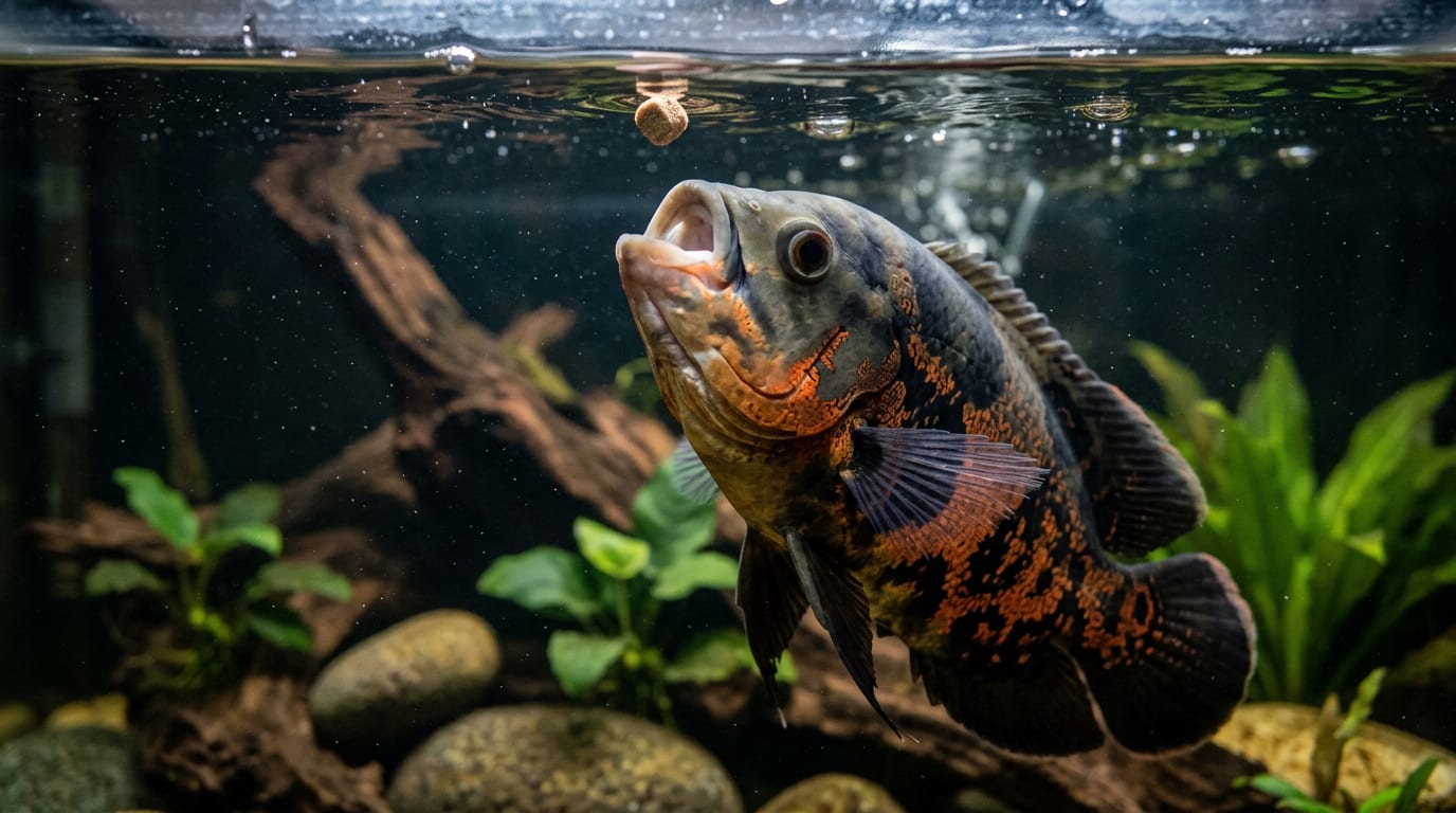 An oscar fish eating a floating cichlid pellet at the surface of its aquarium