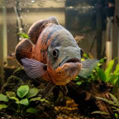 Tiger oscar fish swimming toward the glass in a heavily filtered aquarium