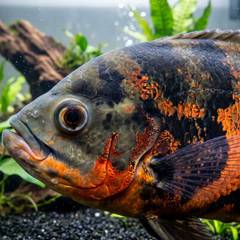 Tiger oscar fish swimming in a heavily filtered, well-maintained aquarium
