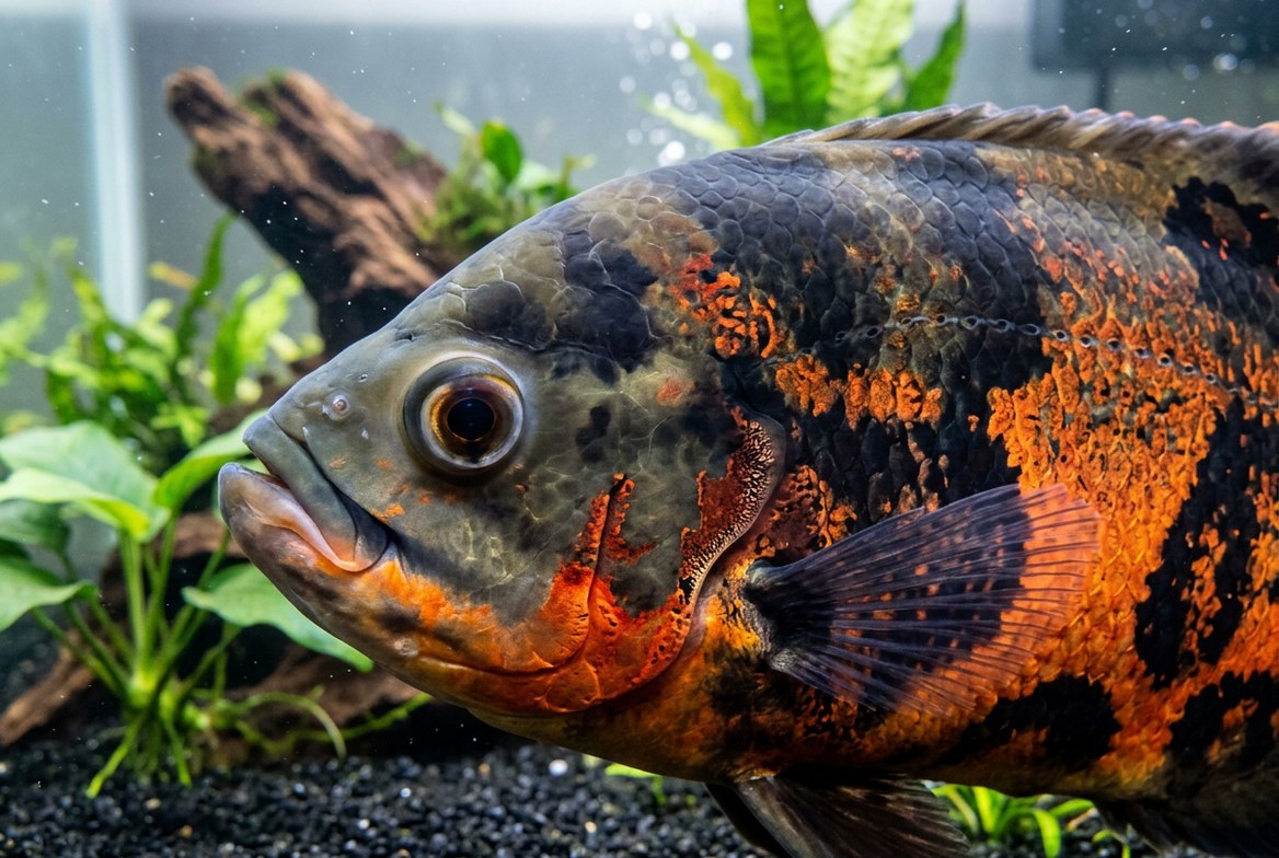 Tiger oscar fish swimming in a heavily filtered, well-maintained aquarium
