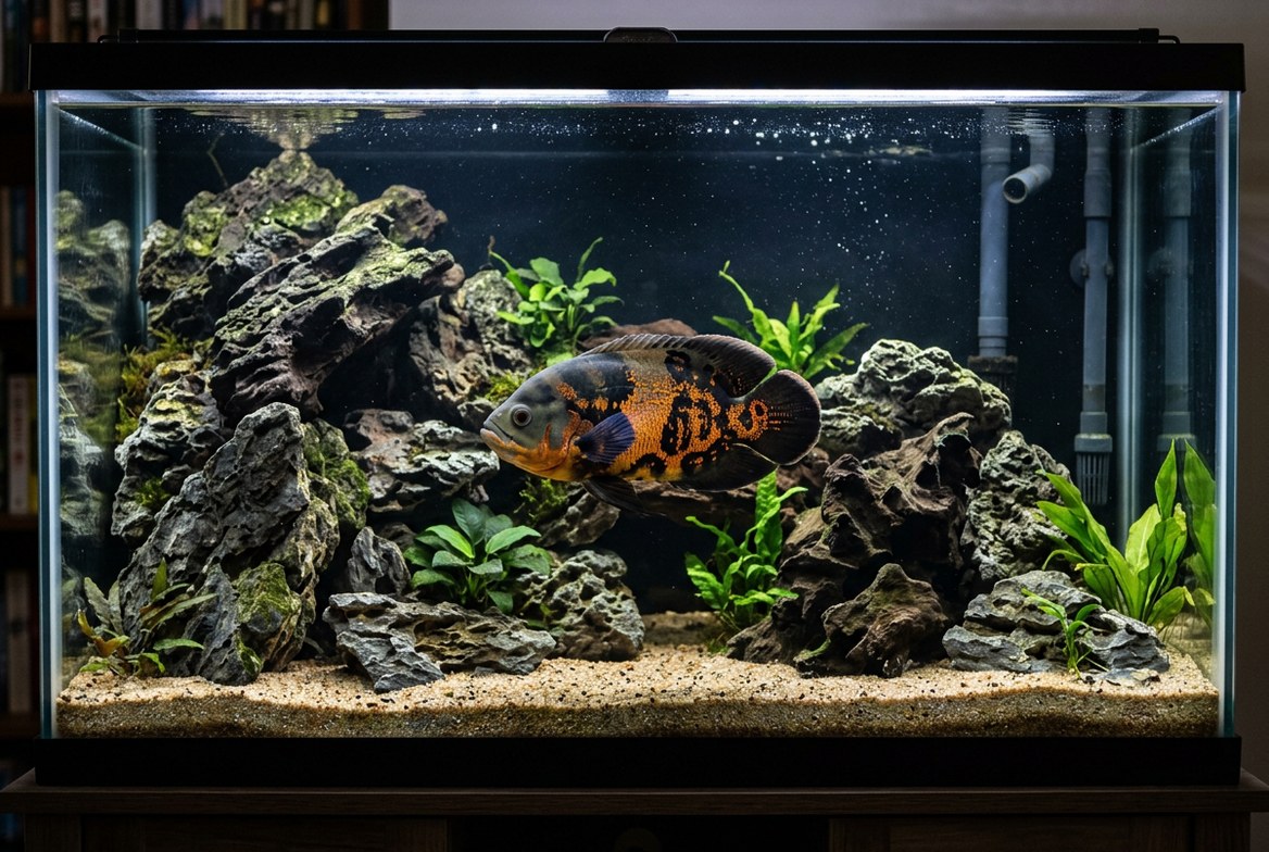 Tiger oscar fish swimming in a large, heavily filtered aquarium