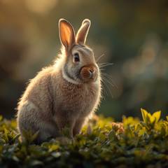 House rabbit sitting alert and regal at the edge of a garden, surveying his territory