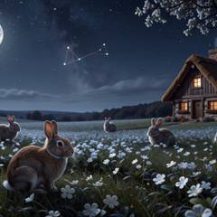 A house rabbit sitting amid an endless field of moonlit clover, with dignified elder rabbits scattered across the silver green landscape under a starry sky.