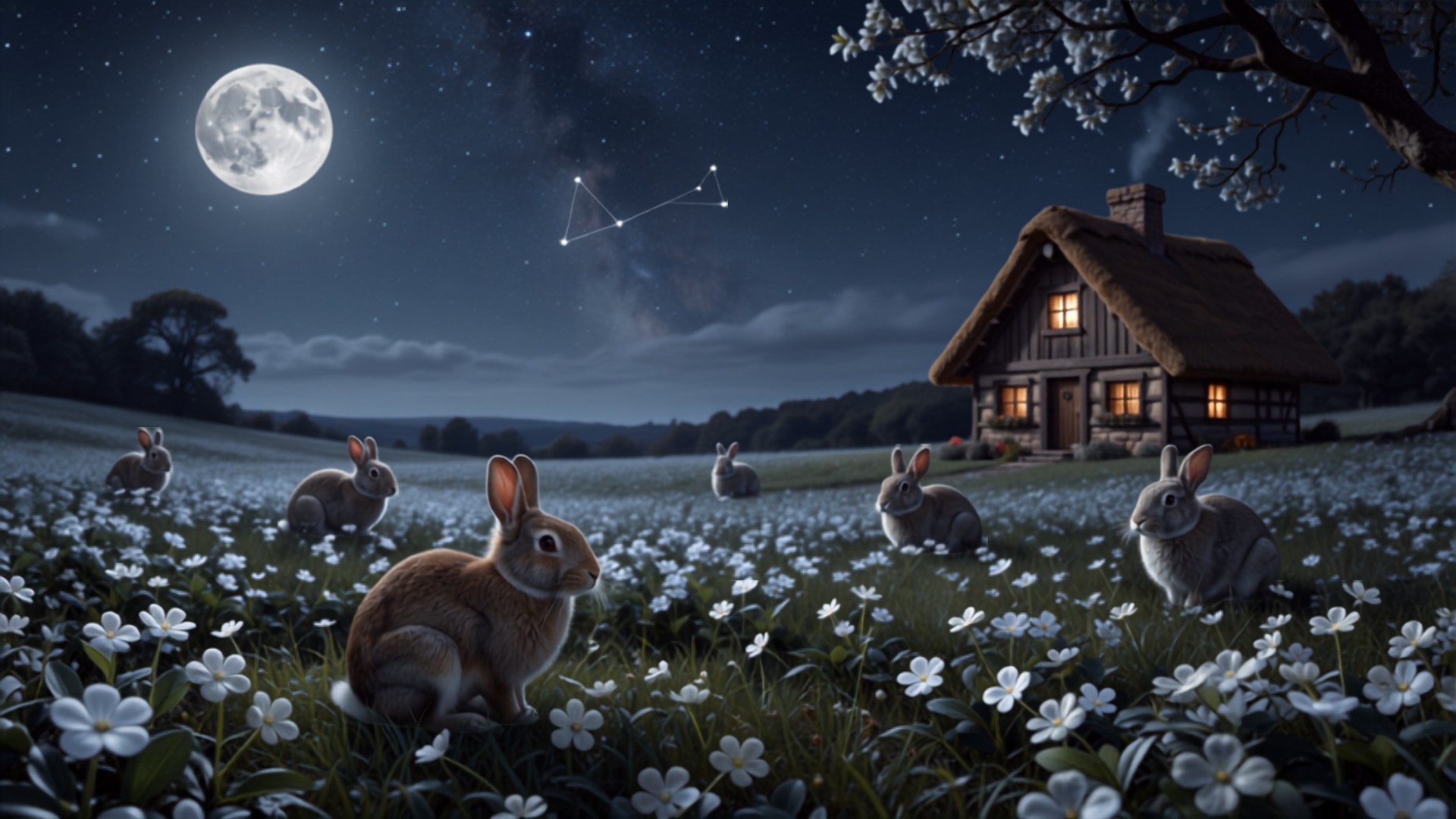 A house rabbit sitting amid an endless field of moonlit clover, with dignified elder rabbits scattered across the silver green landscape under a starry sky.