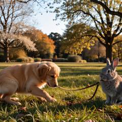 A golden retriever puppy dropped low with its tail wagging beside a calm gray rabbit on a leash in a sunlit park.