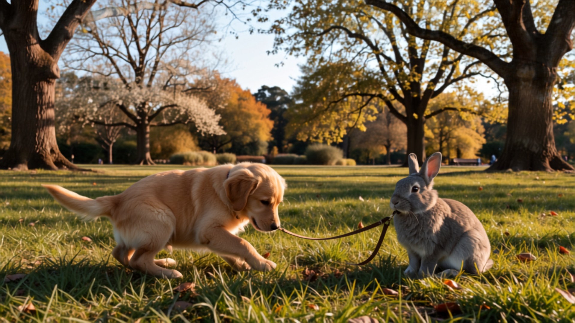 A golden retriever puppy dropped low with its tail wagging beside a calm gray rabbit on a leash in a sunlit park.