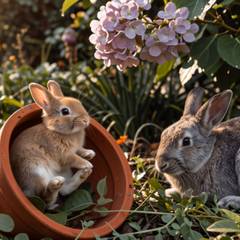 A small, clumsy foster rabbit tumbling into an overturned flowerpot in a garden while a larger, watchful rabbit looks on from the shade of a hydrangea bush.
