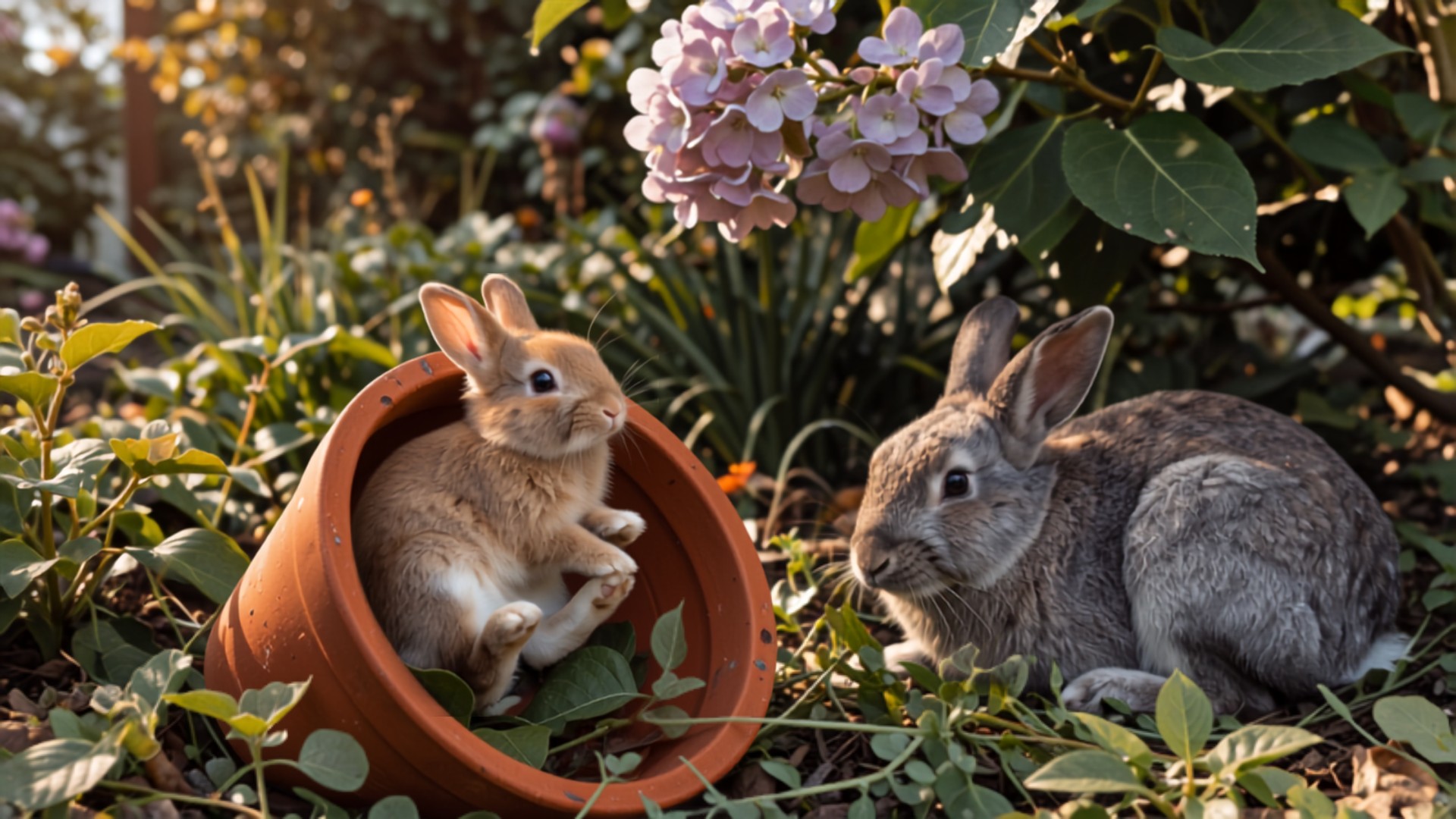 A small, clumsy foster rabbit tumbling into an overturned flowerpot in a garden while a larger, watchful rabbit looks on from the shade of a hydrangea bush.