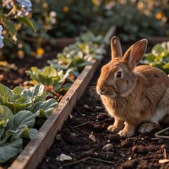 A house rabbit sitting very still in a stripe of low golden afternoon light beside a garden lettuce bed, with a leash trailing loose behind him and a hydrangea's shade just visible nearby