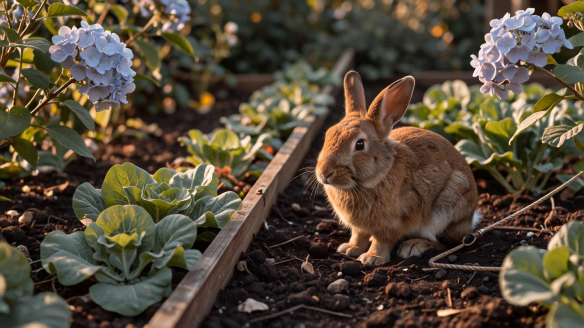 A house rabbit sitting very still in a stripe of low golden afternoon light beside a garden lettuce bed, with a leash trailing loose behind him and a hydrangea's shade just visible nearby