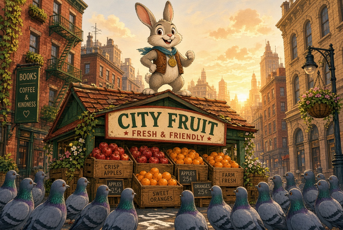 An illustrated rabbit standing atop a city fruit stand, surrounded by a crowd of pigeons, tall buildings in the background.