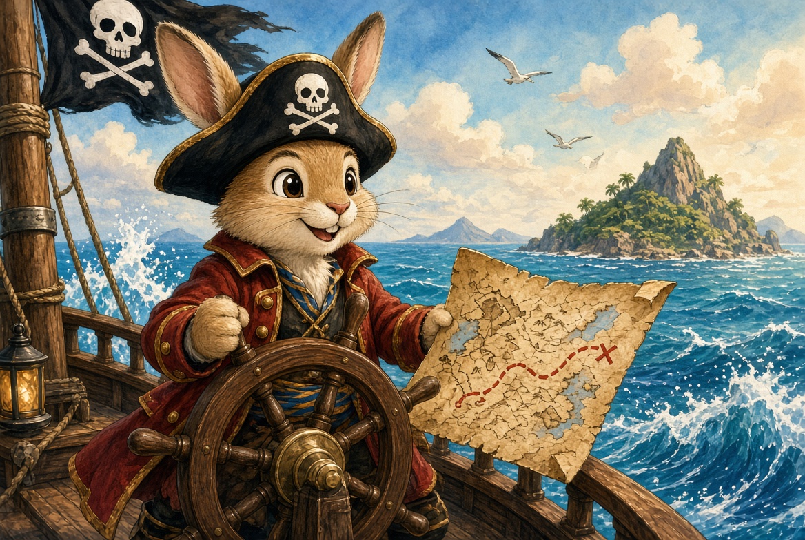 An illustrated rabbit dressed as a pirate captain standing at the helm of a small ship, treasure map in hand.