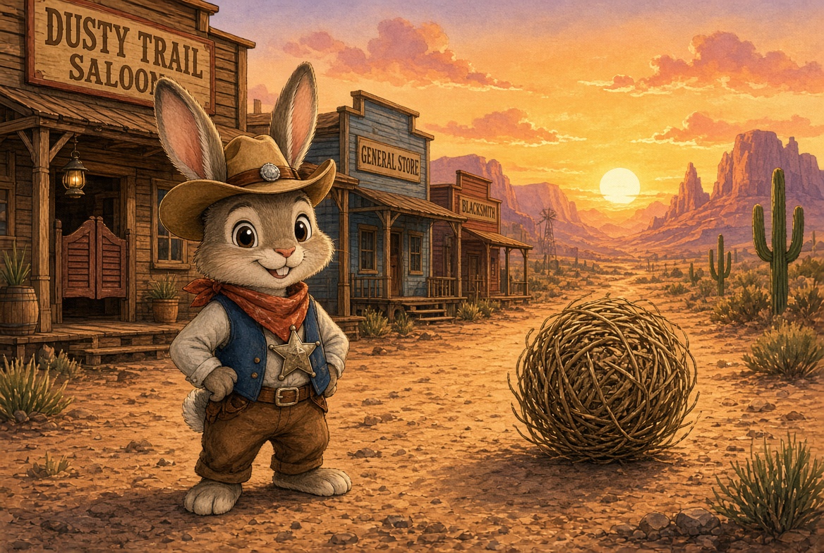An illustrated rabbit in a cowboy hat standing in a dusty frontier street, a tumbleweed rolling past.