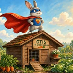 An illustrated rabbit superhero with a red cape, standing heroically atop a garden hutch.