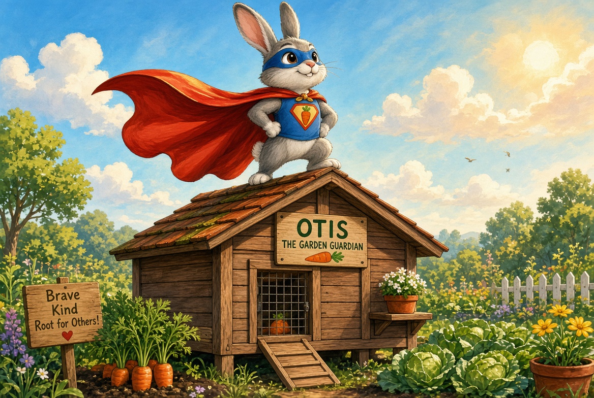 An illustrated rabbit superhero with a red cape, standing heroically atop a garden hutch.