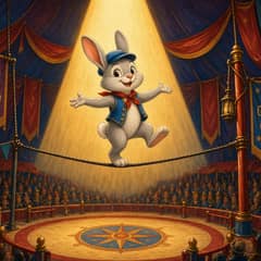 An illustrated rabbit balancing on a tightrope high above a circus ring, spotlight shining down.