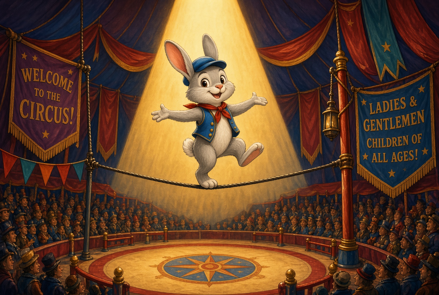 An illustrated rabbit balancing on a tightrope high above a circus ring, spotlight shining down.