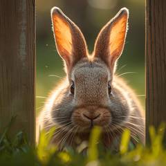 House rabbit pressing his nose to a gap in the fence, ears sharp with anticipation