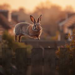 House rabbit airborne above his garden fence in a dream, ears back, gazing down at the rooftops below