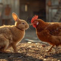 House rabbit and a self-assured hen facing off nose to beak in a farmyard, neither willing to look away first